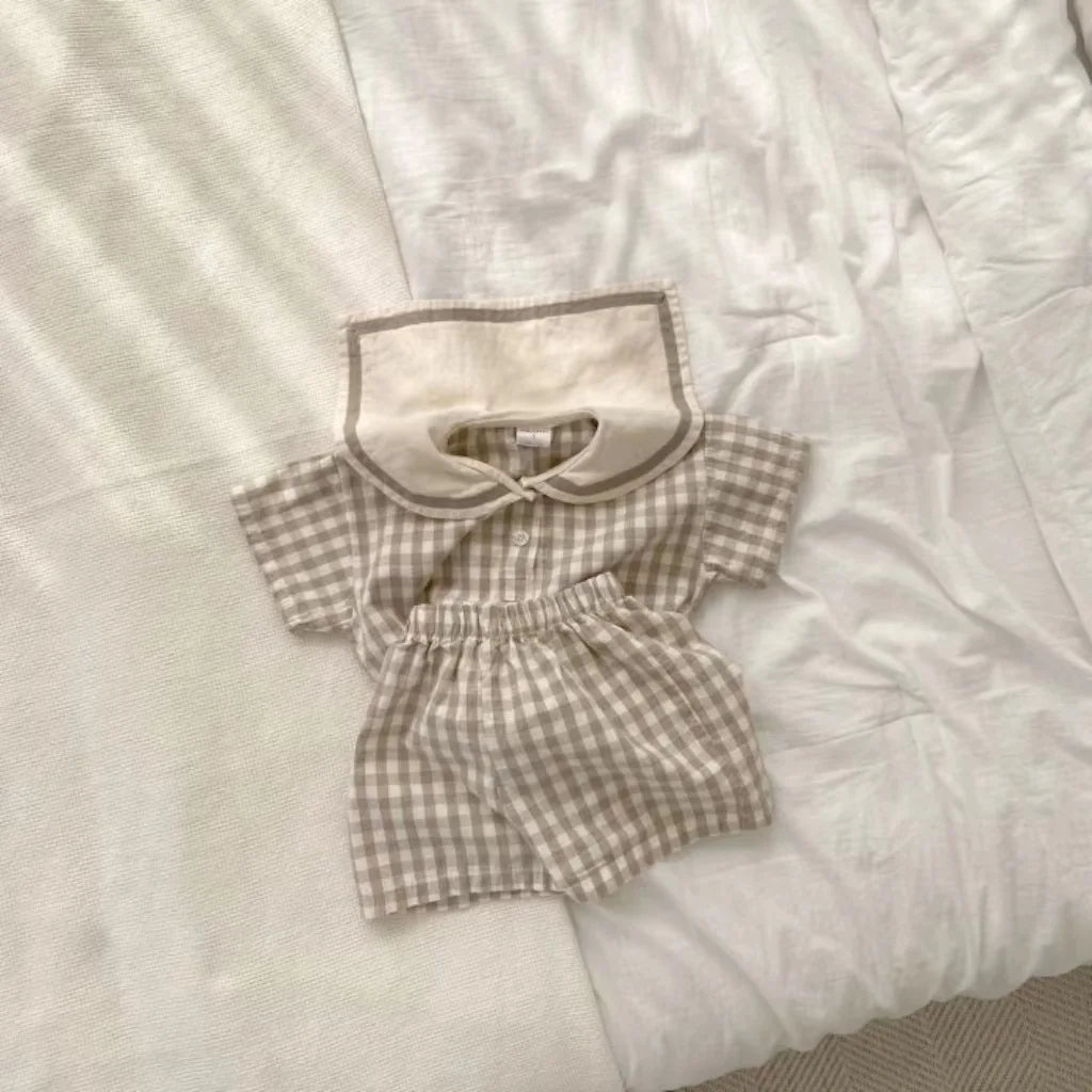 -ベビーセットアップ 2点セット セーラーカラー半袖Tシャツ+ショートパンツ 無地/チェック 2カラー【mh0005786】 - mamahalo shop - 半袖セットアップ - べビー服 - 子供服 - 男の子 - 女の子