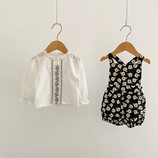 -ベビーセットアップ 2点セット 長袖フリルブラウス+ショートオーバーオール サロペットバルーンパンツ - mamahalo shop - 長袖セットアップ - べビー服 - 子供服 - 男の子 - 女の子