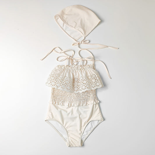 -キッズ 水着 ワンピース レース フリル シャーリング エレガント 帽子 セット スイムウェア ベージュ ガールズ【mh0002002】 - mamahalo shop - ベビー用水着 - べビー服 - 子供服 - 男の子 - 女の子