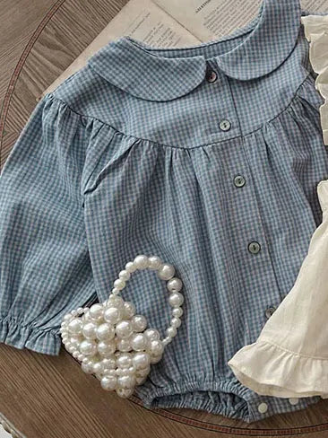 -ベビー長袖ロンパース フリルエプロンドレス チェック ガールズ 女の子 子供服 - mamahalo shop - 長袖ロンパース - べビー服 - 子供服 - 男の子 - 女の子