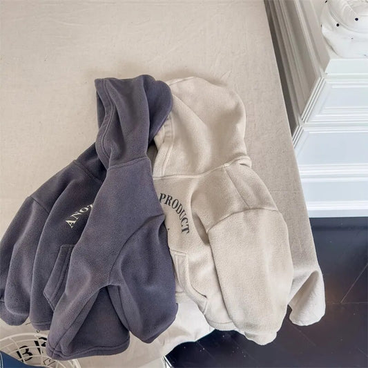 -キッズ ボアフリース レターロゴ フーディ スウェット パーカー - mamahalo shop - トレーナー・フーディ - べビー服 - 子供服 - 男の子 - 女の子