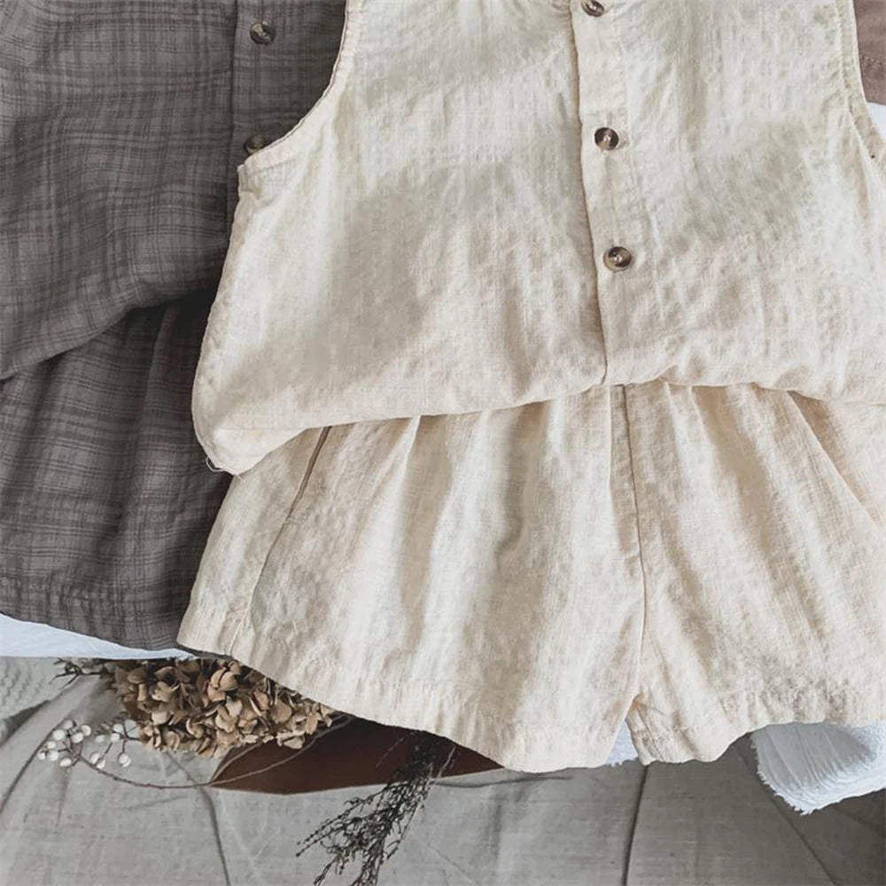 -キッズセットアップ 2点セット ノースリーブシャツブラウス+ショートパンツ シンプルベーシック 無地/チェック 2カラー【mh0006032】 - mamahalo shop - ノースリーブセットアップ - べビー服 - 子供服 - 男の子 - 女の子