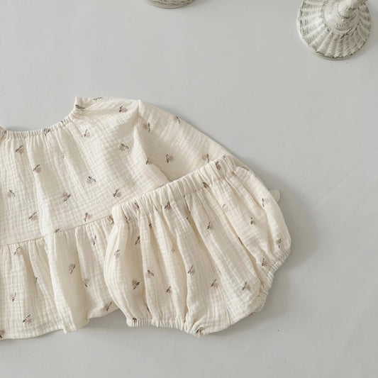 -ベビーセットアップ 2点セット 長袖ペプラムチュニックブラウス+ブルマパンツ フラワー小花柄プリント - mamahalo shop - 長袖セットアップ - べビー服 - 子供服 - 男の子 - 女の子