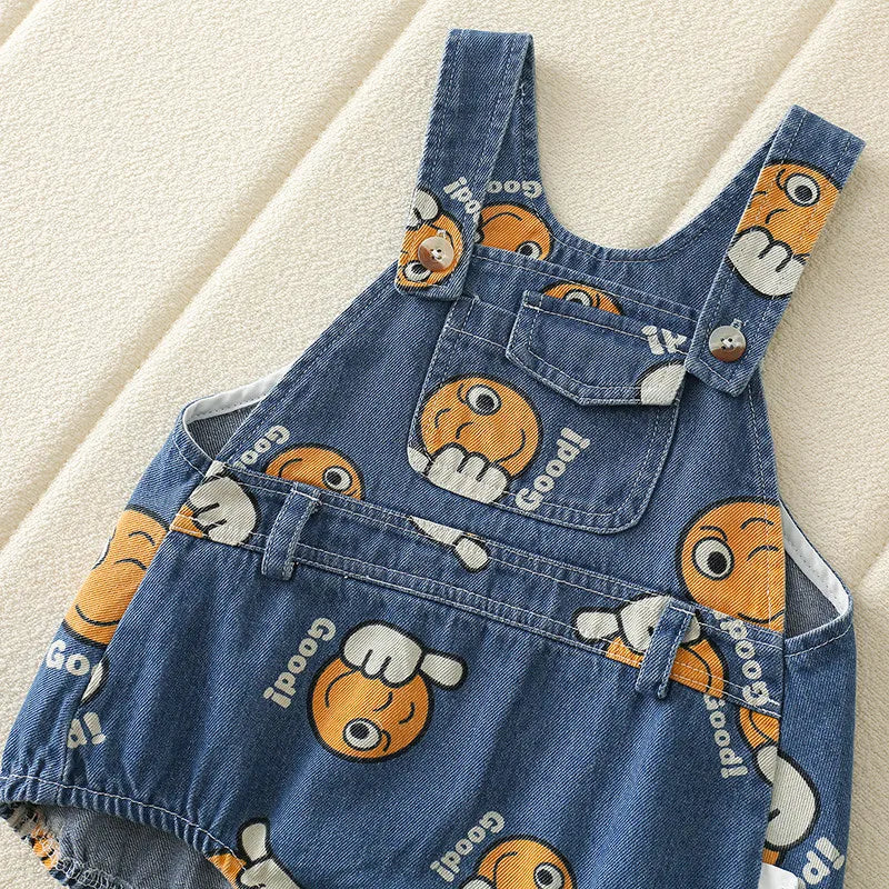 -ベビーオーバーオール 帽子セット デニムサスペンダーボディスーツ バケットハット スマイルプリント【mh0005768】 - mamahalo shop - ノースリーブロンパース - べビー服 - 子供服 - 男の子 - 女の子