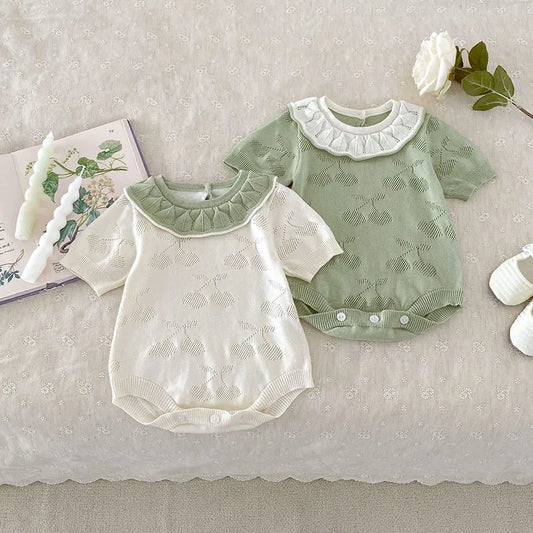 -ベビーロンパース ニット 半袖ボディスーツ フリル襟 チェリー 2カラー【mh0006550】 - mamahalo shop - 半袖ロンパース - べビー服 - 子供服 - 男の子 - 女の子
