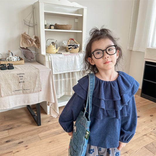 -キッズ ラッフルフリル ビッグカラー 長袖 スモック チュニック ブラウス トップス ガールズ - mamahalo shop - 長袖シャツ・ブラウス - べビー服 - 子供服 - 男の子 - 女の子