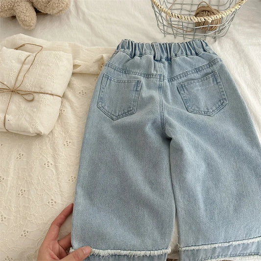 -キッズパンツ デニムパンツ 切り替えフリンジ ルーズワイドパンツ ジーンズ ジーパン - mamahalo shop - デニムパンツ - べビー服 - 子供服 - 男の子 - 女の子