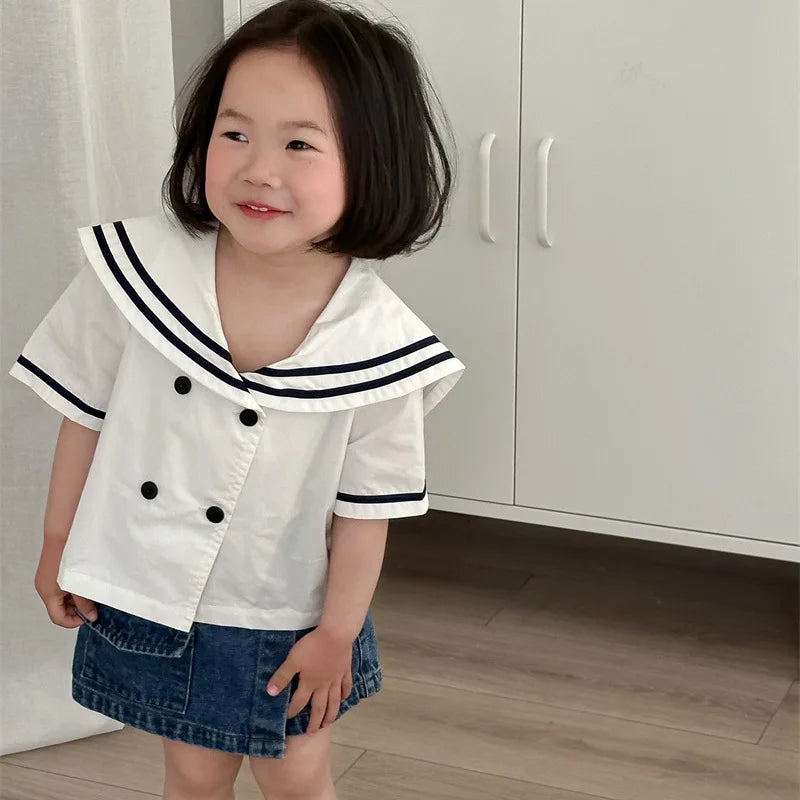 -キッズトップス ネイビーカラー 半袖シャツ ブラウス マリンスタイル 2カラー【mh0005926】 - mamahalo shop - 半袖シャツ・ブラウス - べビー服 - 子供服 - 男の子 - 女の子