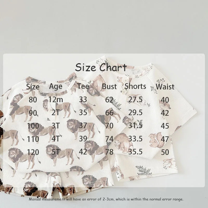 -キッズパジャマセット ワッフル 半袖Tシャツ+ハーフパンツ アニマルプリント柄【mh0004594】 - mamahalo shop - 半袖パジャマ - べビー服 - 子供服 - 男の子 - 女の子