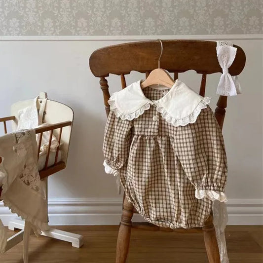 -ベビーロンパース ビッグフリル襟チェック柄長袖ボディスーツ 2カラー【mh0006718】 - mamahalo shop - 長袖ロンパース - べビー服 - 子供服 - 男の子 - 女の子