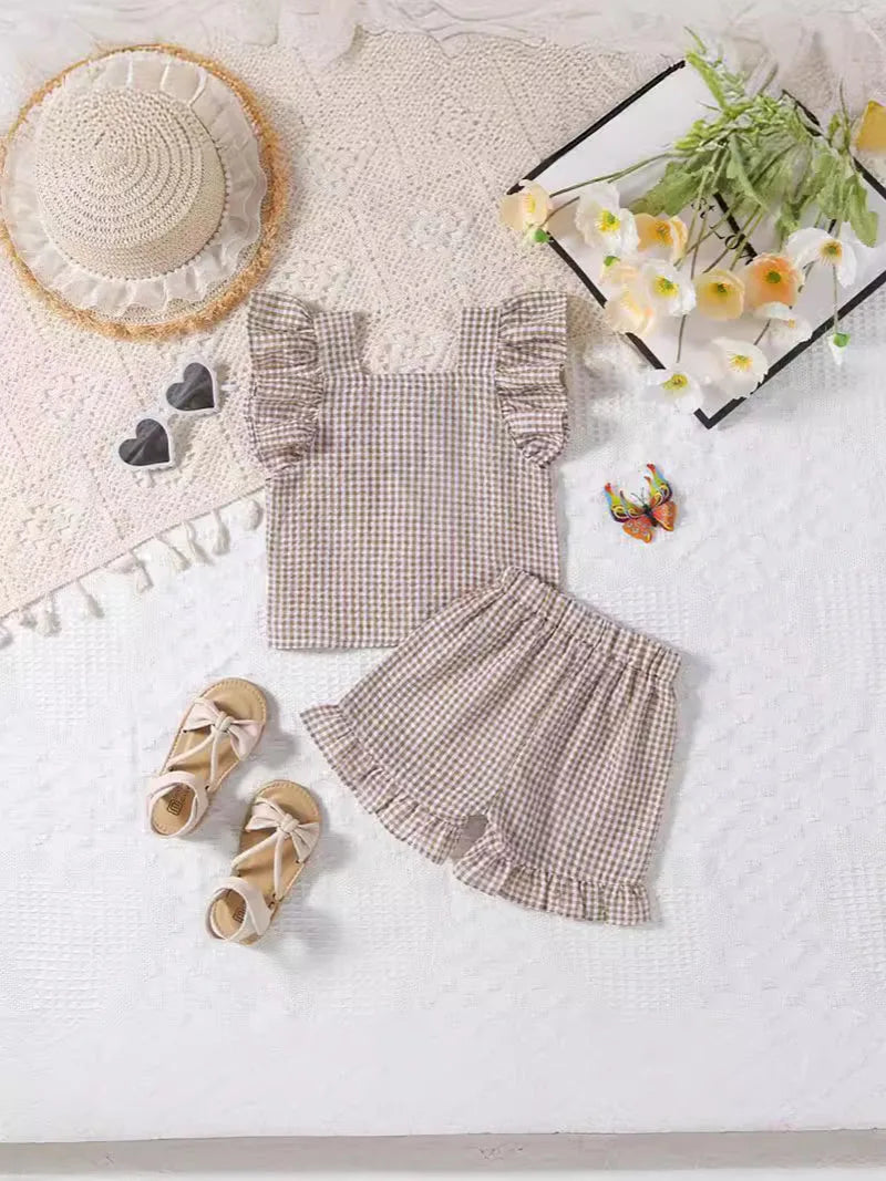 -ベビーセットアップ 2点セット フリルスリーブブラウス+ショートパンツ チェック 2カラー【mh0005857】 - mamahalo shop - 半袖セットアップ - べビー服 - 子供服 - 男の子 - 女の子