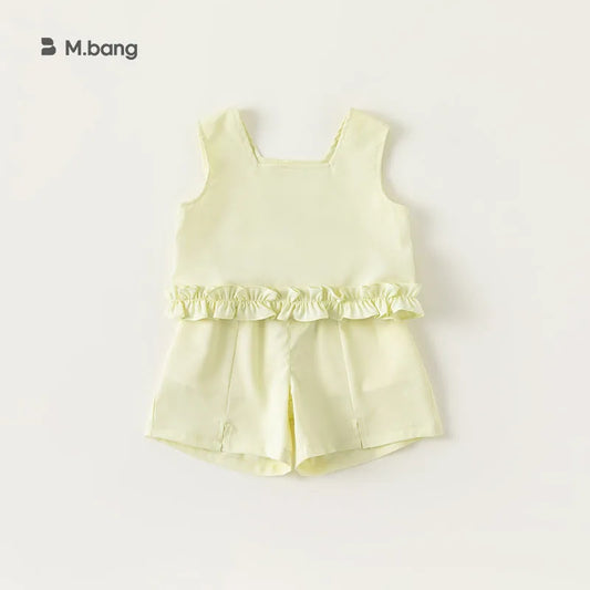 -キッズセットアップ 2点セット ノースリーブ裾フリルブラウス+スリットショートパンツ 2カラー【mh0005244】 - mamahalo shop - ノースリーブセットアップ - べビー服 - 子供服 - 男の子 - 女の子