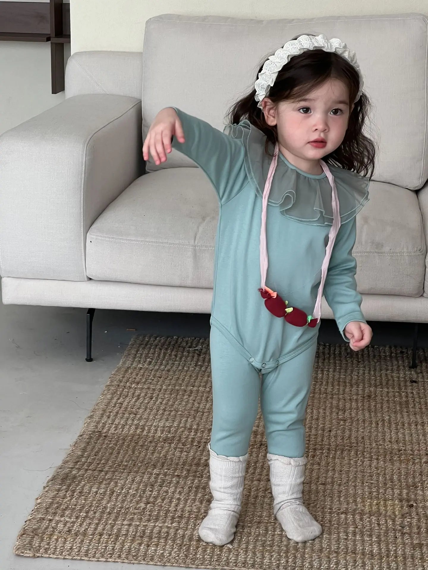 -ベビーセットアップ 2点セット シフォンサークル襟長袖ロンパース+レギンスパンツ 3カラー - mamahalo shop - ロンパースセットアップ - べビー服 - 子供服 - 男の子 - 女の子