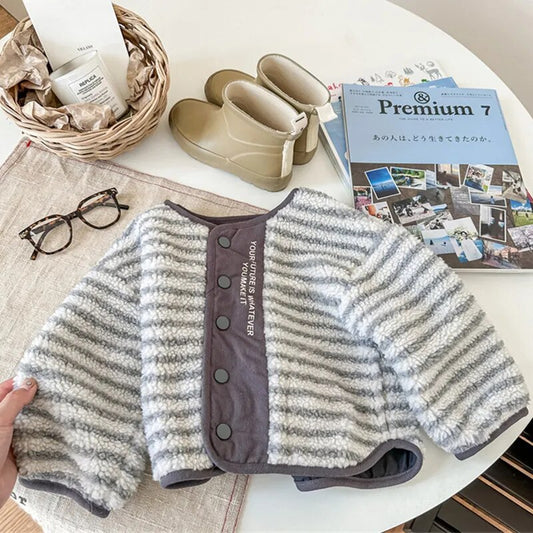 -キッズ フリースジャケット アウター ショートコート ボーダー グレー ブルー 2カラー ユニセックス 男の子 女の子 子供服 - mamahalo shop - ショートコート・ジャケット・ジャンパー - べビー服 - 子供服 - 男の子 - 女の子