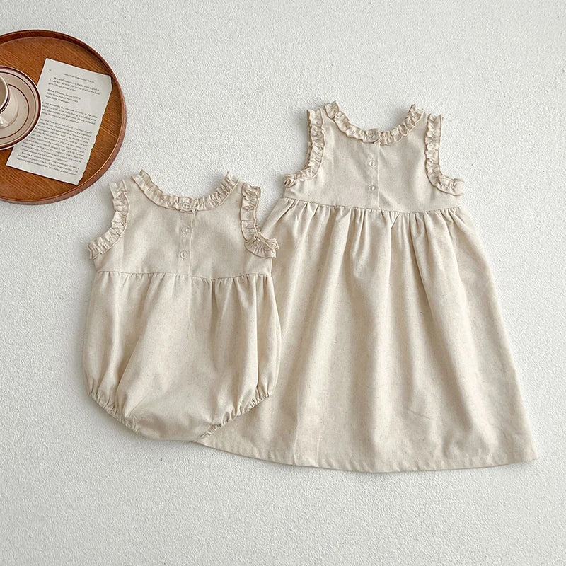 -キッズワンピース コットンリネン ノースリーブ フリル シンプルベーシック ナチュラル【mh0006537】 - mamahalo shop - ノースリーブワンピース - べビー服 - 子供服 - 男の子 - 女の子