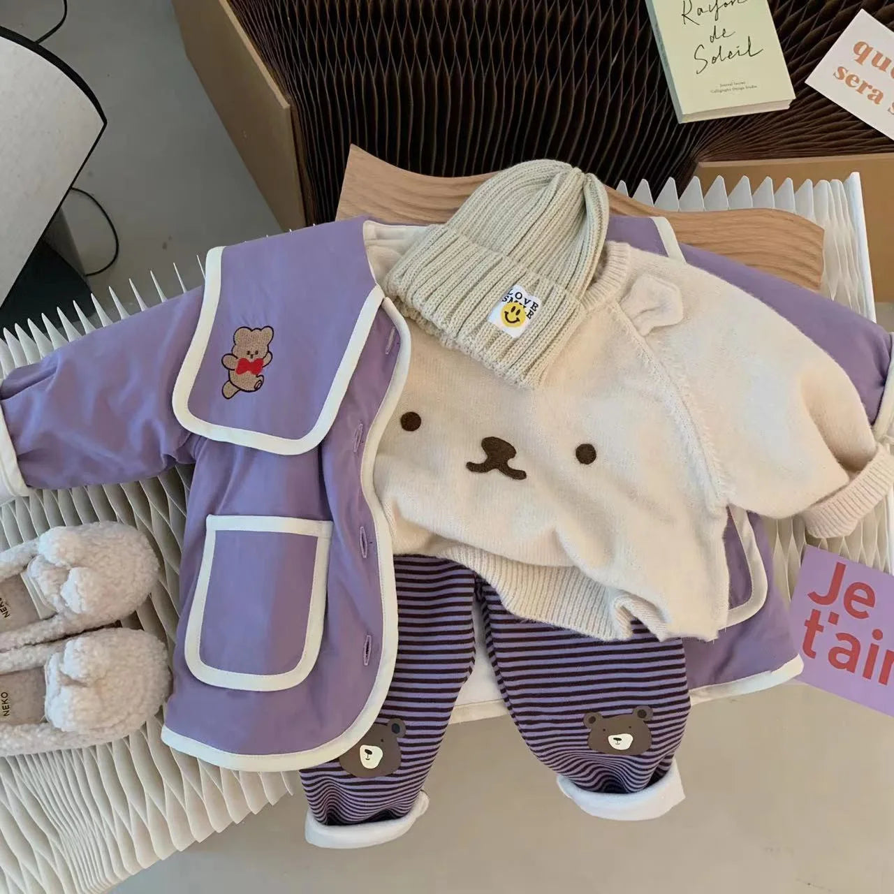 -ベビーパンツ ベアくま膝パッチボーダー裏ボアフリースレギンスパンツ 3カラー - mamahalo shop - レギンスパンツ - べビー服 - 子供服 - 男の子 - 女の子