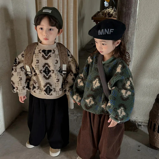 -キッズスウェットシャツ トライバル柄 ボアフリーストレーナー トップス カーキ グリーン 2カラー ユニセックス 男の子 女の子 子供服 - mamahalo shop - トレーナー・フーディ - べビー服 - 子供服 - 男の子 - 女の子