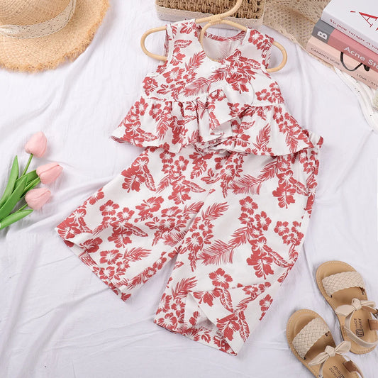 -キッズセットアップ 2点セット ノースリーブペプラムブラウス+ワイドルーズパンツ リゾートウェア フラワー花柄プリント 2カラー【mh0005756】 - mamahalo shop - ノースリーブセットアップ - べビー服 - 子供服 - 男の子 - 女の子