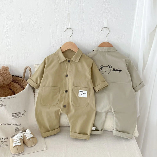 -ベビージャンプスーツ バックプリント長袖シャツつなぎ 2カラー - mamahalo shop - 長袖ジャンプスーツ - べビー服 - 子供服 - 男の子 - 女の子