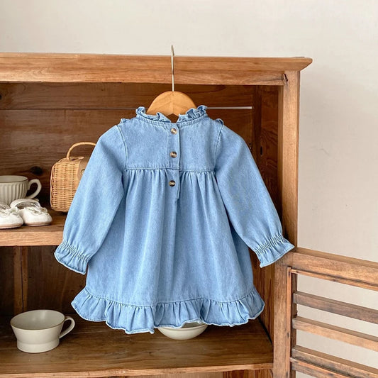 -ベビーワンピース フラワー刺繍フリルデニム長袖ワンピース【mh0006998】 - mamahalo shop - 長袖ワンピース - べビー服 - 子供服 - 男の子 - 女の子