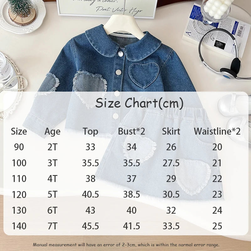 -キッズセットアップ デニムパッチワーク長袖ブラウス+ハートパッチワークスカート【mh0006936】 - mamahalo shop - 長袖セットアップ - べビー服 - 子供服 - 男の子 - 女の子