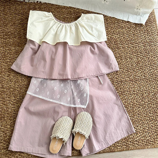 -キッズセットアップ 2点セット ノースリーブビッグ襟ブラウス+ワイドルーズパンツ【mh0005307】 - mamahalo shop - ノースリーブセットアップ - べビー服 - 子供服 - 男の子 - 女の子