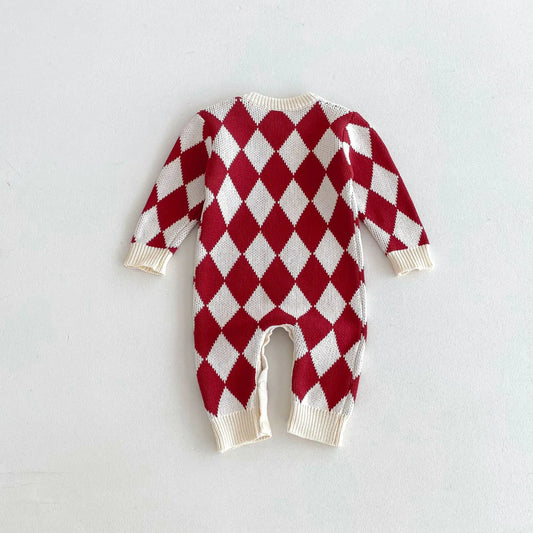 -ベビーロンパース ダイヤチェックピエロニット長袖ジャンプスーツ - mamahalo shop - 長袖ロンパース - べビー服 - 子供服 - 男の子 - 女の子