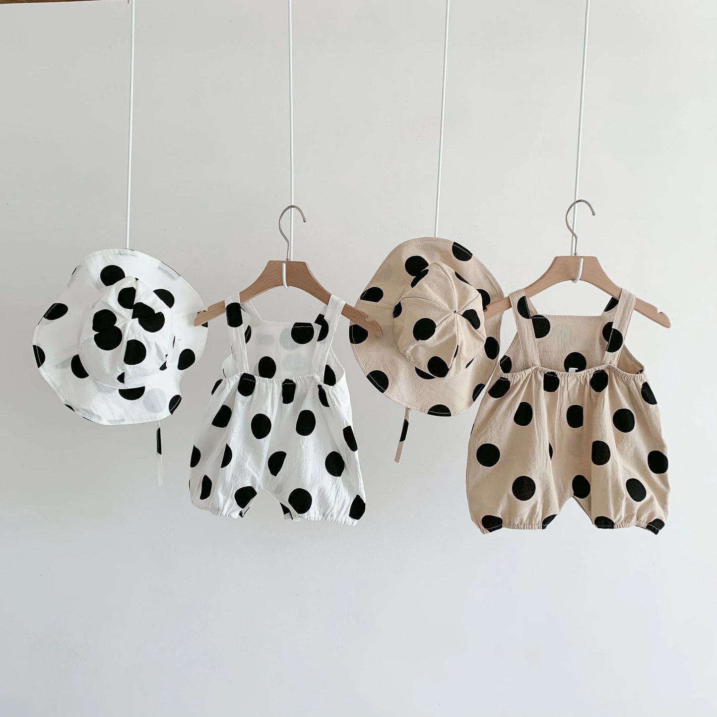 -ベビーロンパース 帽子セット サスペンダーボディスーツ 水玉ポルカドットプリント サマーハットセット 2カラー【mh0006080】 - mamahalo shop - ノースリーブロンパース - べビー服 - 子供服 - 男の子 - 女の子
