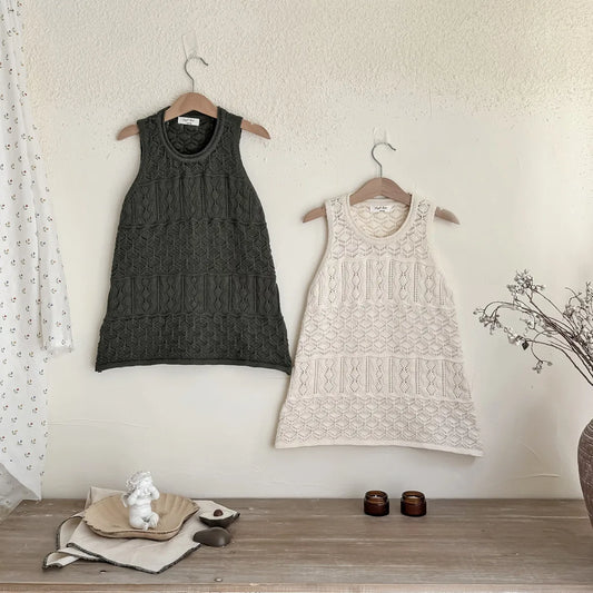 -キッズワンピース レースニット透け感重ね着ノースリーブオーバーワンピース 2カラー - mamahalo shop - ノースリーブワンピース - べビー服 - 子供服 - 男の子 - 女の子