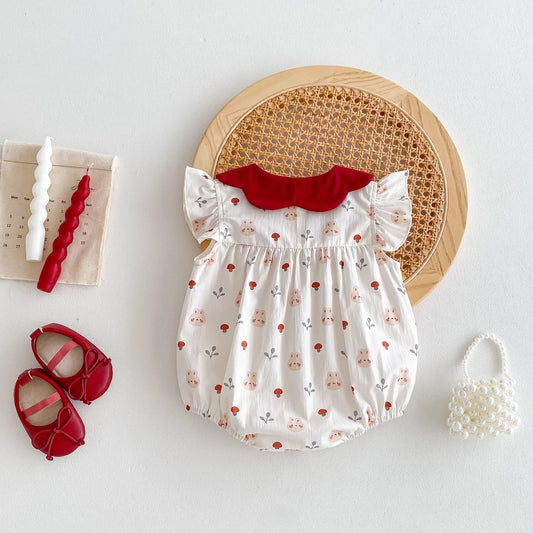 -ベビーロンパース 半袖フリルボディスーツ うさぎバニープリント【mh0005095】 - mamahalo shop - 半袖ロンパース - べビー服 - 子供服 - 男の子 - 女の子