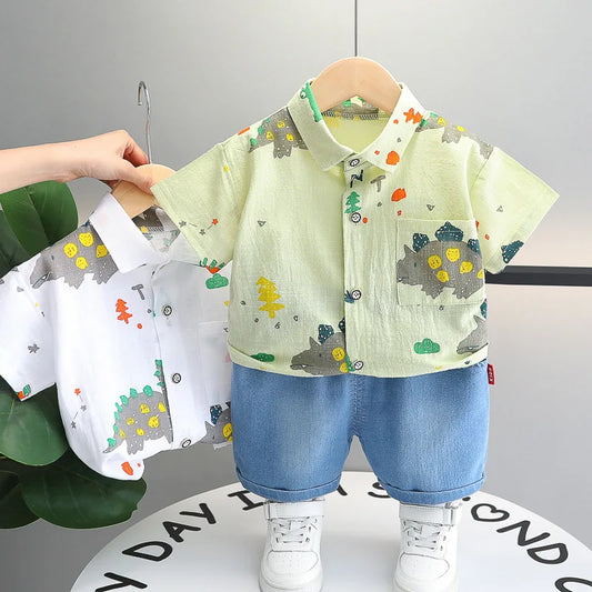 -キッズセットアップ 2点セット 半袖シャツ+デニムショートパンツ 恐竜ダイナソープリント 2カラー【mh0006520】 - mamahalo shop - 半袖セットアップ - べビー服 - 子供服 - 男の子 - 女の子