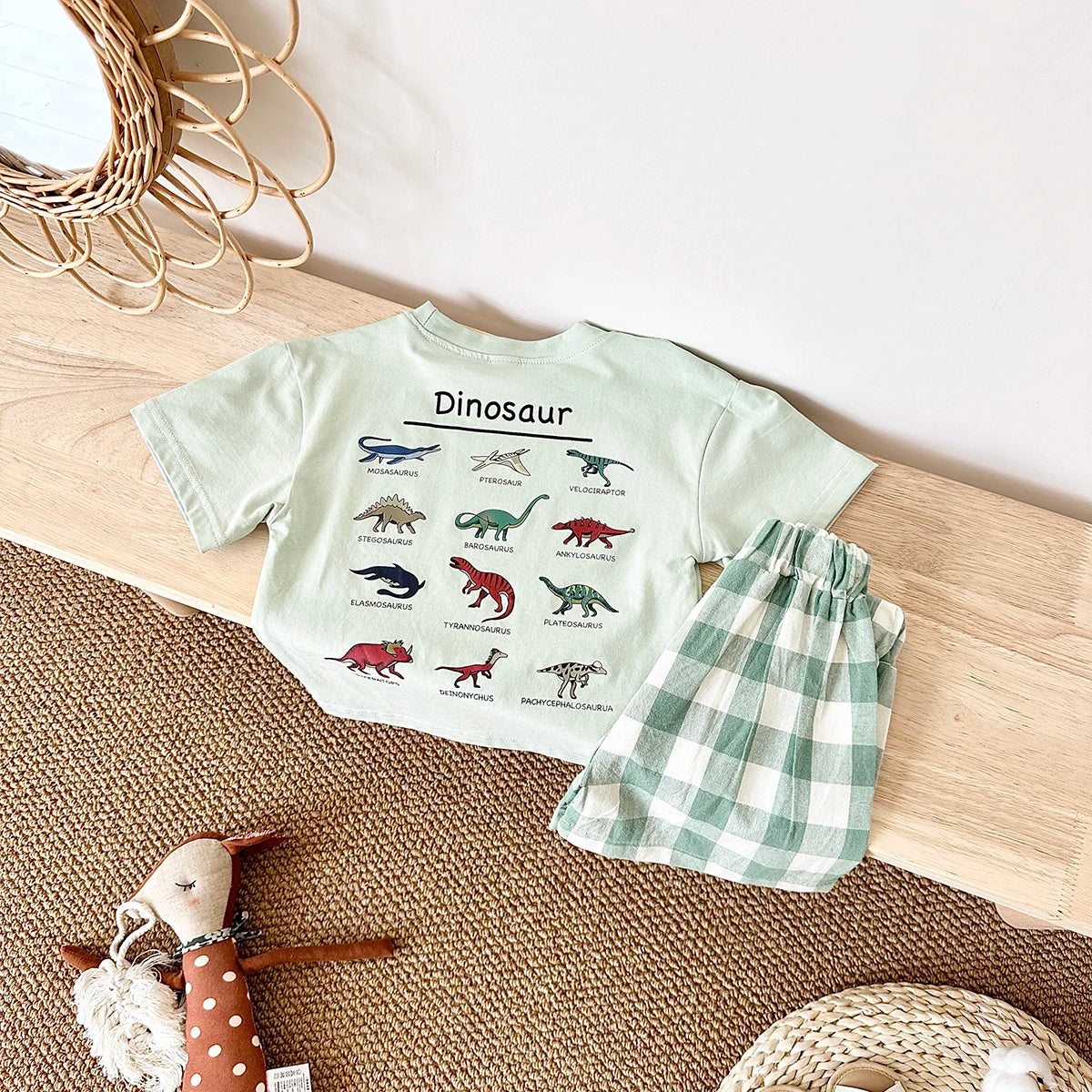 -ベビーセットアップ 2点セット 半袖プリントTシャツ+チェックショートパンツ ダイナソー恐竜プリント【mh0005634】 - mamahalo shop - 半袖セットアップ - べビー服 - 子供服 - 男の子 - 女の子