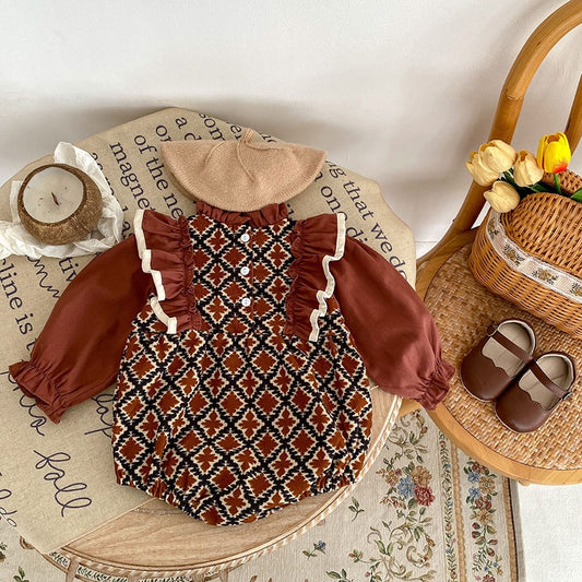 -ベビー リボン フリル スタンドカラー 長袖 ドッキング ロンパース ドレス お出かけ ガールズ【mh0002667】 - mamahalo shop - 長袖ロンパース - べビー服 - 子供服 - 男の子 - 女の子