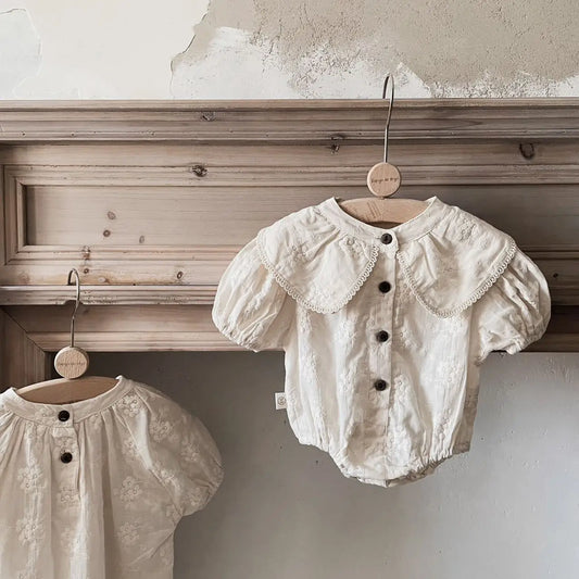 -ベビーロンパース 半袖ボディスーツ ビッグ襟 ベージュ - mamahalo shop - 半袖ロンパース - べビー服 - 子供服 - 男の子 - 女の子