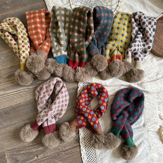 -キッズマフラー ニット ネックウォーマー ぽんぽん付き チェック 10カラー - mamahalo shop - ネックウォーマー - べビー服 - 子供服 - 男の子 - 女の子