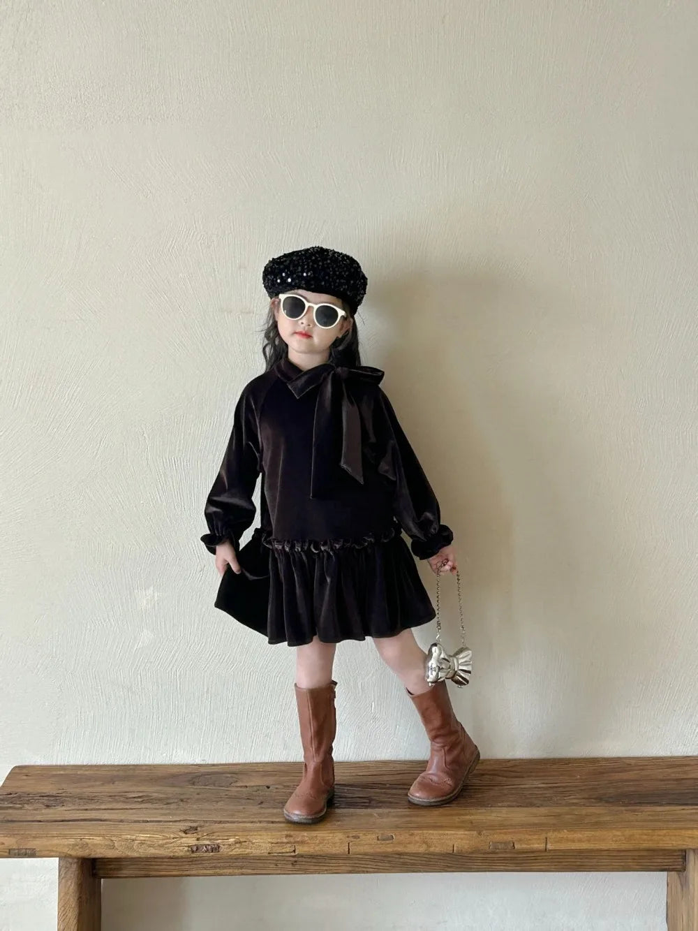 -キッズワンピース ビッグリボンフェイクベルベットウエストマーク長袖ドレスワンピース ダークコーヒー - mamahalo shop - 長袖ワンピース - べビー服 - 子供服 - 男の子 - 女の子