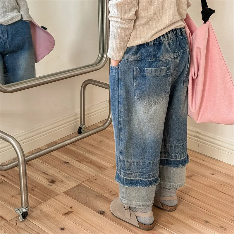 -キッズパンツ デニムパンツ 裾パッチワーク ロングルーズ デザインパンツ ジーンズ ジーパン 2カラー【mh0006578】 - mamahalo shop - デニムパンツ - べビー服 - 子供服 - 男の子 - 女の子