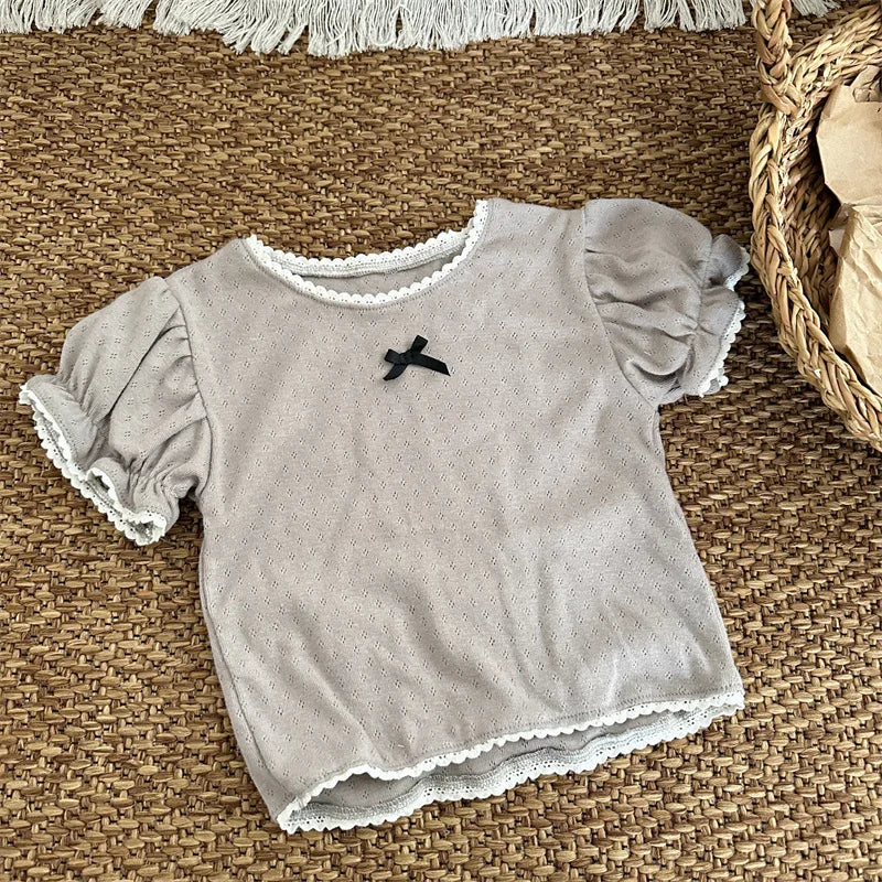 -キッズトップス 半袖パフスリーブカットソー ブラウス レースニット 3カラー - mamahalo shop - 半袖Tシャツ - べビー服 - 子供服 - 男の子 - 女の子