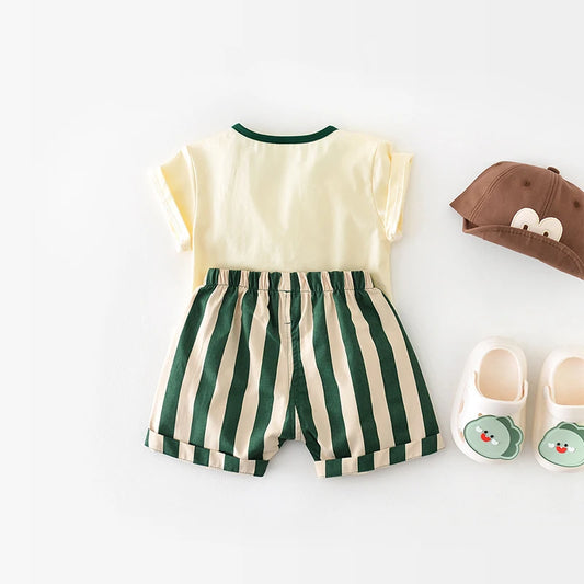 -ベビーセットアップ 2点セット 半袖Tシャツ+ストライプショートパンツ アニマルプリント【mh0004954】 - mamahalo shop - 半袖セットアップ - べビー服 - 子供服 - 男の子 - 女の子