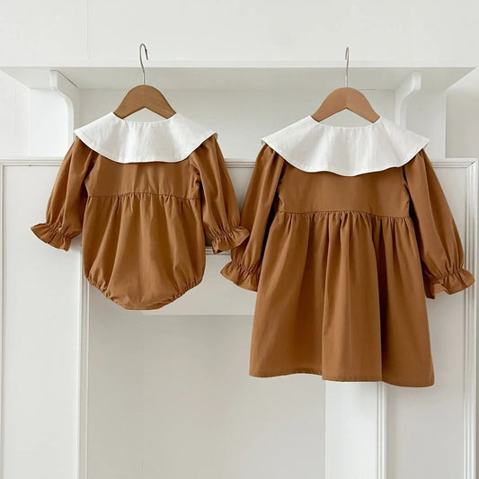 -ベビーロンパース/キッズワンピース ギザギザ襟長袖パフスリーブボディスーツ/ワンピース リンクコーデ 姉妹 お揃いコーデ - mamahalo shop - 長袖ロンパース - べビー服 - 子供服 - 男の子 - 女の子