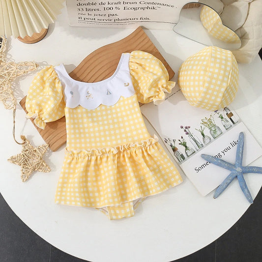 -キッズ水着 帽子セット 半袖ワンピース パフスリーブ チェック スカート スイムウェア 2カラー【mh0005131】 - mamahalo shop - ベビー用水着 - べビー服 - 子供服 - 男の子 - 女の子