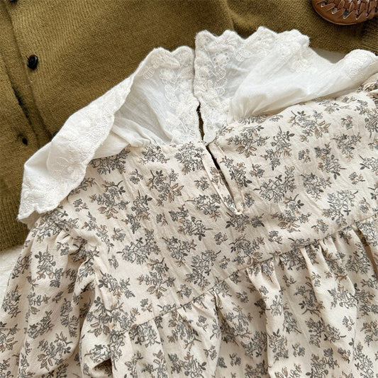 -キッズ レース ビッグカラー フラワー 花柄 長袖 ワンピース ガールズ - mamahalo shop - 長袖ワンピース - べビー服 - 子供服 - 男の子 - 女の子