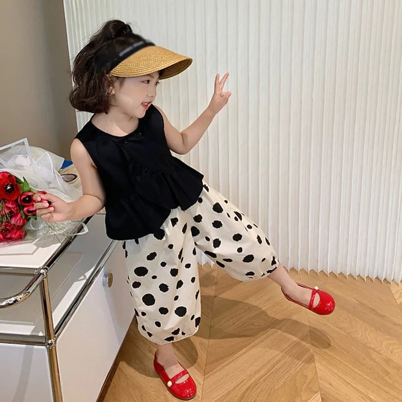 -キッズセットアップ 2点セット ノースリーブブラウス+クロップドパンツ チェック/水玉ドット【mh0006134】 - mamahalo shop - ノースリーブセットアップ - べビー服 - 子供服 - 男の子 - 女の子