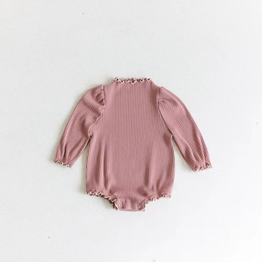 -ベビー 長袖ロンパース リブ フリル スタンドカラー シンプル ベーシック ピンク ベージュ 2カラー ガールズ 女の子 子供服 7819 - mamahalo shop - 長袖ロンパース - べビー服 - 子供服 - 男の子 - 女の子