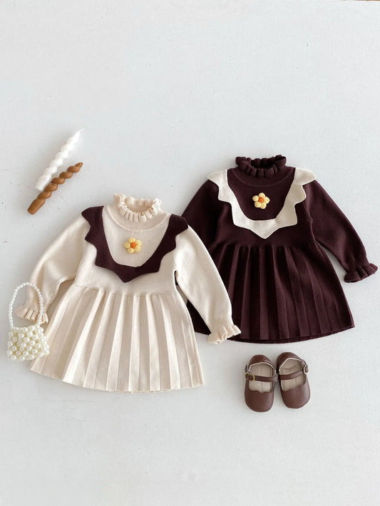 -ベビーキッズワンピース ニットフラワー長袖ワンピース 2カラー - mamahalo shop - 長袖ワンピース - べビー服 - 子供服 - 男の子 - 女の子
