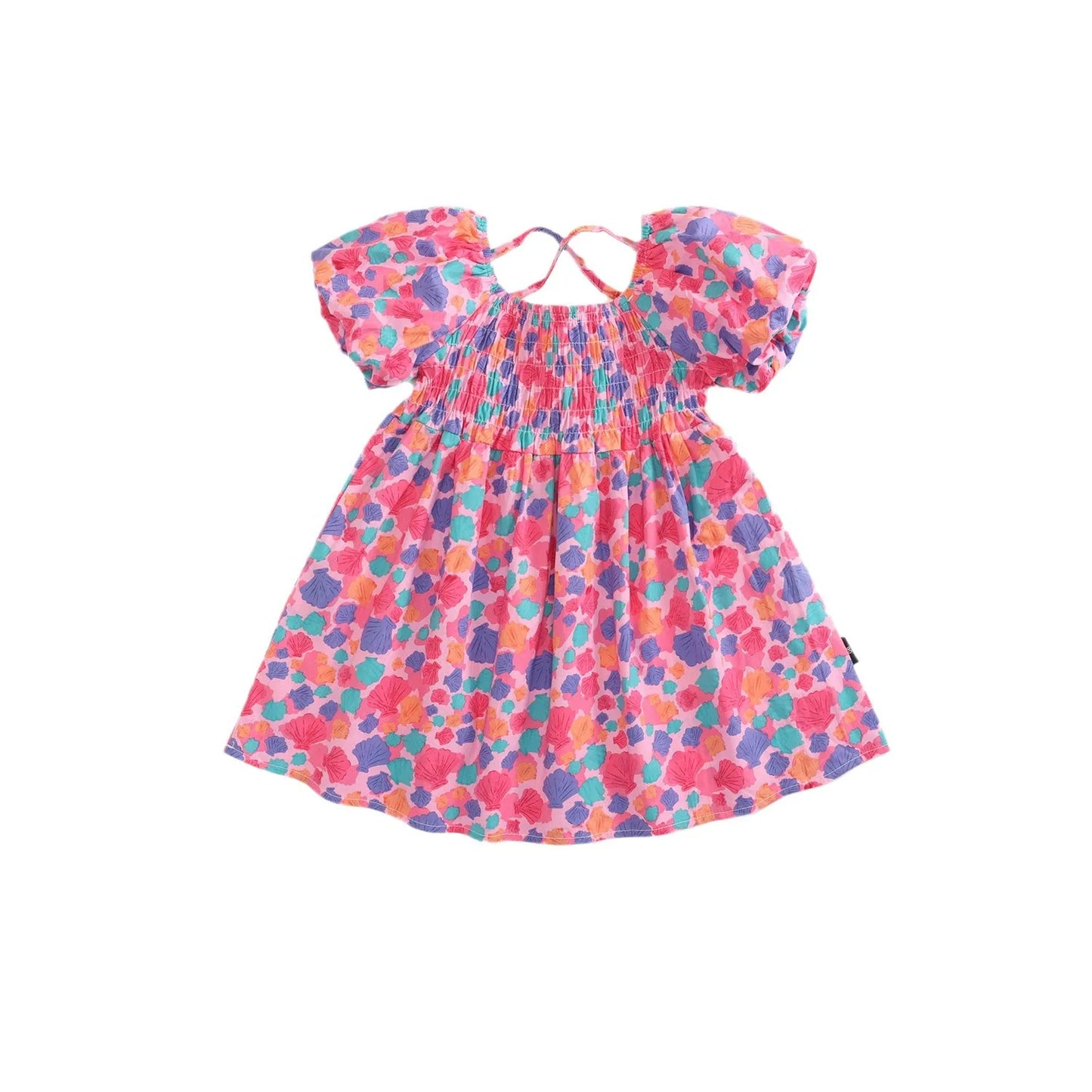 -キッズワンピース 半袖パフスリーブバッククロスワンピース カラフルシェル貝殻プリント【mh0005612】 - mamahalo shop - 半袖ワンピース - べビー服 - 子供服 - 男の子 - 女の子