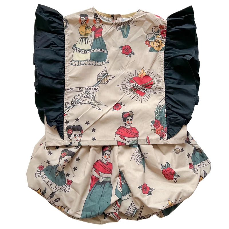 -キッズセットアップ 2点セット バタフライスリーブトップス+バルーンショートパンツ レトロプリント【mh0005902】 - mamahalo shop - ノースリーブセットアップ - べビー服 - 子供服 - 男の子 - 女の子