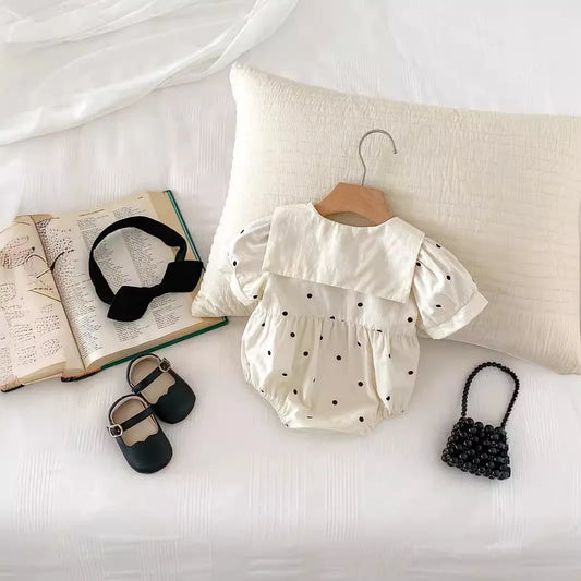 -ベビーロンパース 半袖パフスリーブリボンボディスーツ 水玉ドットプリント リボンヘアバンドセット【mh0005263】 - mamahalo shop - 半袖ロンパース - べビー服 - 子供服 - 男の子 - 女の子
