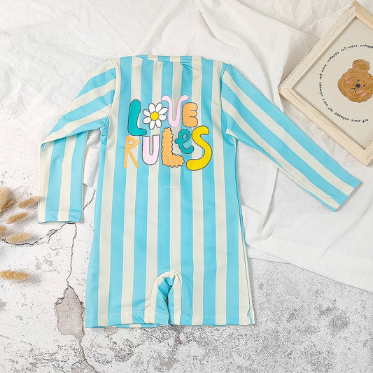 -キッズ 水着 ワンピース つなぎ 長袖 ストライプ 耳帽子 セット 水色 スイムウェア ラッシュガード ボーイズ【mh0002003】 - mamahalo shop - ベビー用水着 - べビー服 - 子供服 - 男の子 - 女の子