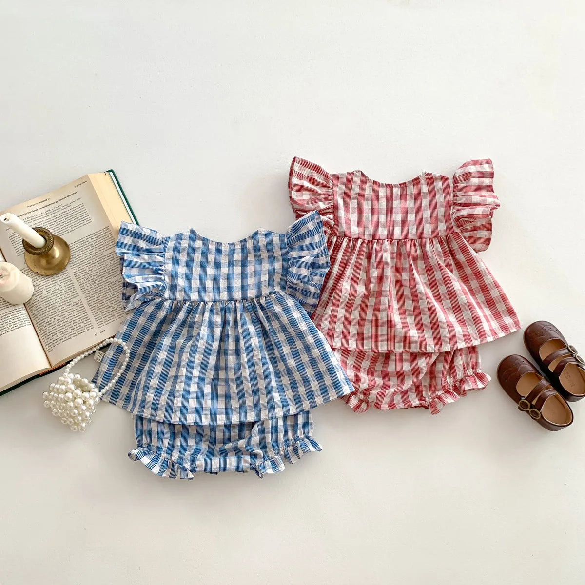 -ベビーセットアップ 2点セット チェック 半袖フリルスリーブ チュニックブラウス+ブルマパンツ 2カラー【mh0006251】 - mamahalo shop - 半袖セットアップ - べビー服 - 子供服 - 男の子 - 女の子